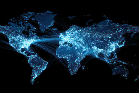 This illustration features a world map with glowing city lights interconnected by bright lines. It has a cool color palette, primarily blues against a dark backdrop. The composition suggests a network, potentially representing data flow or communication. Suitable for use in articles on technology or globalization.の素材