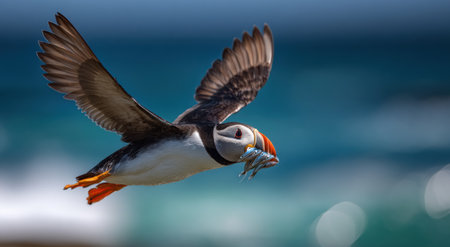 A puffin, characterized by its vibrant beak and contrasting plumage, soars gracefully through the air. The bird carries several small fish, indicating its foraging behavior. The backdrop consists of a blurred blue ocean and sky, creating a sense of depth and freedom. This image would be suitable for various commercial and editorial purposes.の素材