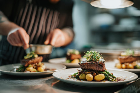 A culinary scene showcases plated gourmet meals with a chef in the background. The dishes feature vegetables and meat. The lighting is soft, enhancing the textures of the food and setting a professional indoor environment. This image can be used for culinary promotions and food industry content.の素材