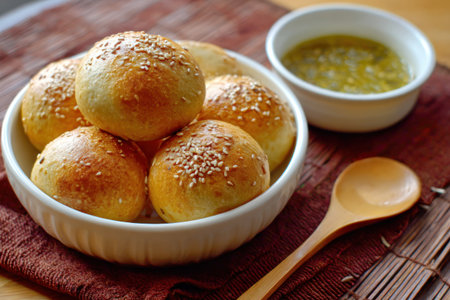 A collection of golden-brown sesame seed buns sit in a white bowl, paired with a small bowl of sauce and a wooden spoon. The food is captured in a studio shot with warm lighting, revealing textured surfaces. Ideal for culinary websites, cookbooks, or food-related marketing material.の素材