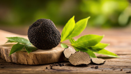 A single black truffle rests on a wooden board alongside fresh green leaves and sliced pieces. The image showcases a close-up composition with natural lighting and a blurred backdrop. It could be used for culinary illustrations, food-related articles, or promotional materials focused on gastronomy.の素材