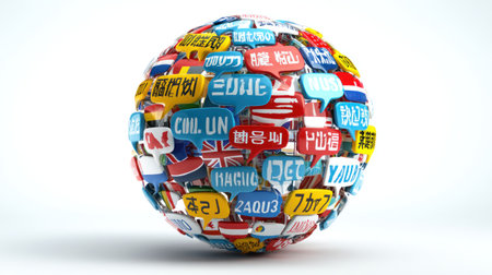This image presents a spherical object composed of numerous speech bubbles, each displaying text in a different language. The visual characteristics include vibrant colors, glossy textures, and a three-dimensional appearance against a plain background. It could be utilized in projects related to international communication, translation services, or educational resources.の素材