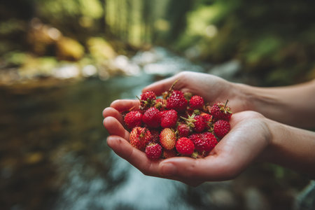 A person holds a handful of ripe red berries, likely strawberries, in their cupped hands. The soft focus background features a blurred stream and lush green foliage. The image displays warm colors and natural light, suggesting an outdoor setting. This photograph is suitable for use in editorial content or commercial advertising.の素材