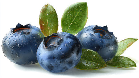Three ripe blueberries, each with water droplets, are presented with vibrant green leaves against a white backdrop. The image shows a high-angle composition, capturing the fruit's texture and color. This image could be used for illustrating healthy eating or as a design element in various editorial and commercial projects.の素材