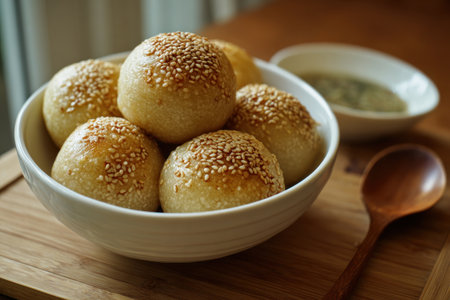 A close-up captures several golden-brown buns speckled with sesame seeds nestled in a white bowl. The buns exhibit a soft texture and appealing appearance, complemented by natural lighting. This image presents potential utility for culinary blogs, restaurant promotions, or general food-related content.の素材