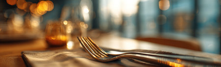 A fork and knife are placed on a napkin, set for dining. The shallow depth of field emphasizes the silverware against a blurred background. The color palette includes warm gold and cool blue tones, suggesting an indoor setting. This image can be used for restaurant advertisements or editorial purposes.の素材