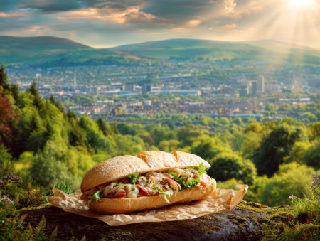 A vibrant sandwich rests on a rustic surface, set against a backdrop of rolling green hills and a distant cityscape. The sandwich features fresh ingredients, possibly meat and vegetables, arranged artfully. The composition benefits from natural sunlight, giving a warm tone. This image could be ideal for culinary, travel, or lifestyle publications.の素材
