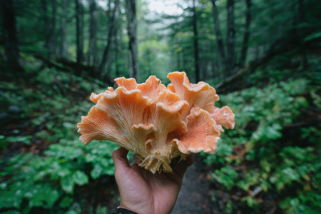 A hand cradles a large, coral-colored oyster mushroom, showcasing its intricate texture. The image features a natural setting with a blurred background of lush green vegetation and trees. The lighting suggests an overcast day. This visual could be used for illustrations or nature-themed content.の素材