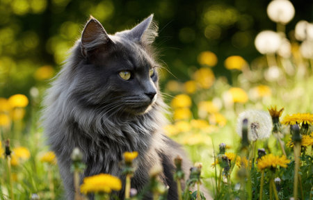 A fluffy gray cat is the central focus of this image, set amongst numerous yellow flowers. The photograph utilizes selective focus, highlighting the animal against a backdrop of green foliage and soft sunlight. The composition implies an outdoor setting. This could be suitable for editorial and commercial usage.の素材