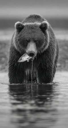 A grizzly bear, captured in black and white, stands in water with a fish in its mouth. The image highlights the bear's fur texture and the water's reflection. It may be used for wildlife documentation, conservation efforts, or educational materials. The setting appears to be outdoors, possibly a river or stream.の素材
