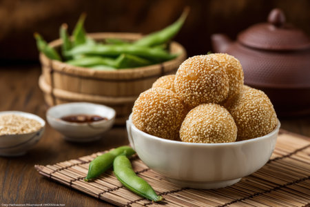 A bowl of golden sesame balls is the focal point of this image, alongside a wooden basket of green edamame. The composition is warm with the addition of a brown teapot, the lighting is natural. It could be used for culinary publications or food-related advertising.の素材