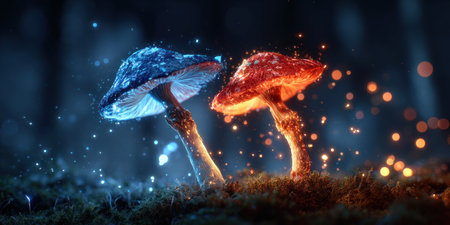 Two mushrooms, one blue and one orange, are depicted in a dark, dreamy environment. Sparkling particles surround them, enhancing the mystical ambiance. The composition uses soft lighting and a blurred background. This image is suitable for use in designs related to fantasy, nature, or abstract concepts.の素材