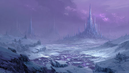 This image depicts a fantasy landscape dominated by a castle structure amidst an icy terrain. The color palette features shades of purple and white creating a cold atmospheric environment. It uses a digital illustration style with a detailed composition. Suitable for various creative projects and commercial applications.の素材