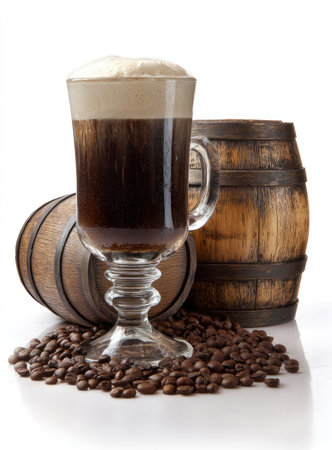 A tall glass of coffee drink sits prominently in front of two wooden barrels. The drink features layers of dark liquid and creamy foam. Coffee beans surround the base. The scene exhibits a well-lit, studio-style arrangement, possibly suitable for culinary or beverage promotion.の素材