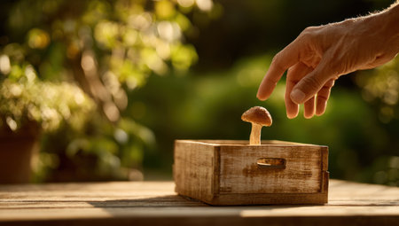 A hand approaches a small mushroom atop a rustic wooden box. The scene showcases warm, natural lighting and a shallow depth of field. The composition features a blurred background with greenery, suggesting an outdoor environment. This image is suitable for conceptual projects, illustrating nature, or showcasing creative content.の素材