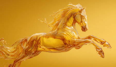 A translucent golden horse is depicted mid-leap against a vibrant yellow background. The image showcases fluid textures and a dynamic composition. The art style is digital with a strong emphasis on color and form. Potential uses include advertising and design projects where elegance and movement are key elements.の素材