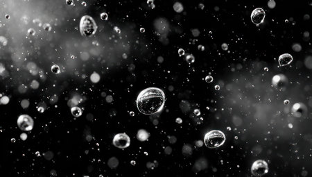 Numerous transparent bubbles float in an abstract composition against a dark backdrop. The monochrome image highlights the spherical shapes and the interplay of light and shadow. Suitable for creative projects, the image presents an elegant visual and could be used in editorial or commercial projects.の素材