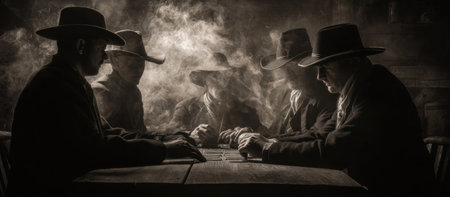 A group of men wearing hats are gathered around a table. The scene is depicted in sepia tones with a focus on shadow and light. The overall style conveys a sense of mystery. This image can be used for various commercial projects, including editorial content, and illustrations.の素材