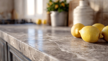 Close-up of lemons arranged on a textured marble countertop in a kitchen setting. The composition features a blurred background with additional objects, suggesting a bright, natural-lit interior. Suitable for editorial and commercial use related to food, lifestyle, and home decor.の素材