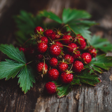A cluster of vibrant red wild strawberries rests upon a bed of green leaves. The image showcases a close-up view with a shallow depth of field, emphasizing the texture and detail. The composition is set on a weathered wooden surface, suggesting an outdoor, natural context. Suitable for use in food, health, or nature-related editorial projects.の素材