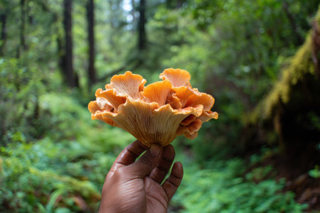 A hand presents a vibrant orange mushroom with a textured, layered appearance. The image features a blurred forest background of green foliage and trees, suggesting an outdoor setting. The warm color of the mushroom contrasts with the cool tones of the environment. The composition could be suitable for educational or nature-related projects.の素材
