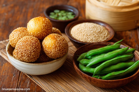 The image showcases sesame balls, a wooden steamer, and various side dishes arranged in small bowls. The scene features warm tones, with overhead lighting enhancing the textures of the food. This composition is suitable for illustrating culinary concepts, food blogging, and promotional materials.の素材