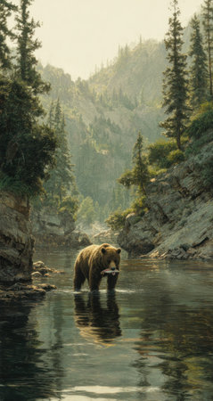 A large grizzly bear stands in a river, holding a fish in its mouth. The image showcases the bear in its natural habitat, with surrounding trees and mountains. The scene is captured with soft lighting, suggesting a natural setting suitable for various commercial applications.の素材