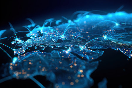 An illustrative map showcases global network connections with bright blue lines and illuminated nodes. The digital artwork features a dark background, emphasizing the network's visual presence. This image could be used to represent worldwide communication, data transfer, or technology concepts for commercial and editorial applications.の素材