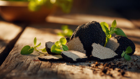 A close-up showcases a black truffle, partially sliced, with fresh green herbs arranged on a weathered wooden surface. The composition features selective focus, highlighting the truffle's texture and the herbs' vibrancy. The lighting suggests natural sunlight, giving the scene a warm atmosphere, suitable for culinary or food-related projects.の素材