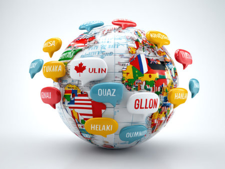 This image showcases a globe with flags of various nations, surrounded by colorful speech bubbles. The composition features a bright white background, and the globe is rendered with a detailed texture. The overall style suggests a focus on communication, possibly representing ideas of international relations. It is suitable for diverse commercial applications.の素材