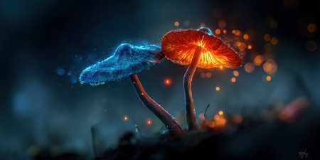 Two mushrooms of contrasting colors are featured against a dark backdrop, with an emphasis on light. One is red, emitting a warm glow, while the other is blue. The composition creates a mystical scene, likely suitable for various creative and illustrative applications. Its visual characteristics could be suitable for editorial or commercial uses.の素材