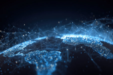 The image depicts a digital representation of a global network. It uses interconnected lines and dots, primarily in shades of blue, against a dark backdrop. The composition suggests a complex web of data flow and connectivity. Suitable for illustrating concepts related to technology and global communication. It can be used commercially.の素材