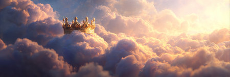 An artistic image shows a golden crown set above a vast cloudscape. The composition highlights the contrast between the crown and the fluffy clouds, bathed in warm sunlight. Suitable for editorial and commercial purposes, the image suggests concepts of royalty, power, and heavenly themes.の素材