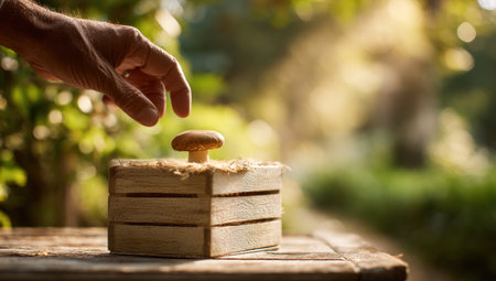 A hand reaches toward a small mushroom placed on a wooden crate. The scene is set outdoors with soft, natural lighting, suggesting a daytime setting. The composition includes blurred greenery in the background. This image is suitable for various commercial applications, including editorial content and stock photography.の素材