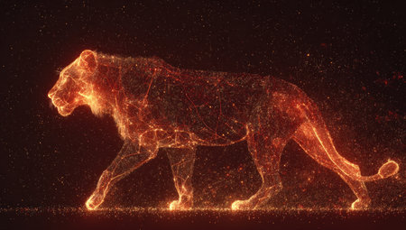 A digital artwork features a lioness rendered in fiery orange light, set against a dark backdrop. The image showcases a stylized, glowing outline of the animal, with a composition that implies movement. This visual could be utilized for various editorial and commercial purposes.の素材