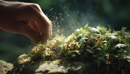 A hand gently disperses fine particles over a cluster of natural elements in this close-up shot. The image showcases rich textures and a blend of green and brown hues. The soft lighting enhances the organic details and the overall composition. Suitable for use in various commercial and editorial projects.の素材