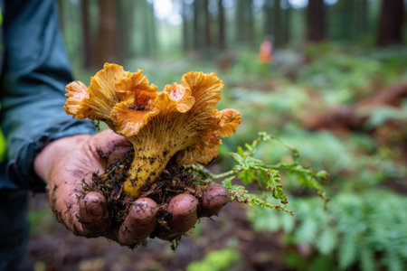 A hand holds a vibrant yellow chanterelle mushroom, displaying its textured cap and stem. The image presents a close-up view with the blurred forest landscape in the background. Natural lighting emphasizes the mushroom's color and details, suggesting an outdoor setting. Suitable for illustrating themes like foraging or organic food.の素材