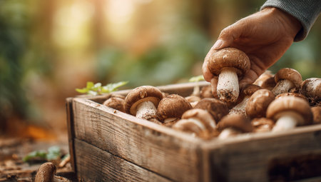 A hand reaches into a wooden crate filled with fresh mushrooms. The image displays a close-up view of the fungi with brown caps and white stems. Natural lighting suggests an outdoor setting, possibly a forest. This scene could be used for culinary, health, or nature-related content.の素材