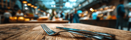 A close-up view presents a fork and knife resting on a textured wooden table. The foreground is sharply focused, while the background blurs into a restaurant setting, featuring indistinct figures and lighting. The natural lighting suggests an indoor environment, with potential for editorial use in food and dining contexts.の素材