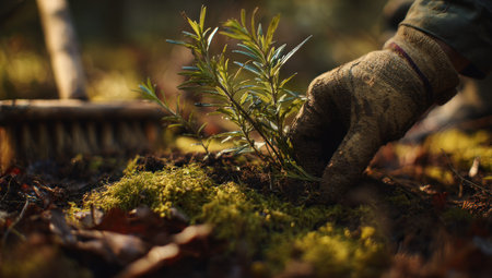 A gloved hand carefully plants a young seedling into the soil. The close-up perspective highlights the textured soil, green vegetation, and the natural lighting. This image presents a scene of environmental care, suitable for various uses from educational materials to stock images representing nature and gardening.の素材