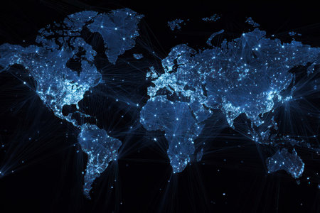 A digital world map showcases interconnected points of light across continents. The composition employs a dark background with glowing blue elements. This graphic could be used to represent global networks, data flow, or international communication. The overall design creates a sense of technological advancement.の素材