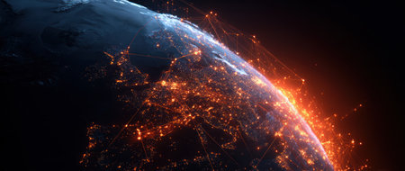 The image depicts a digital representation of Earth, featuring interconnected networks of light against a dark backdrop. Bright orange and yellow hues illuminate urban areas, highlighting technological advancements. The style suggests a futuristic setting, possibly for commercial or scientific illustrations, suitable for various editorial projects.の素材