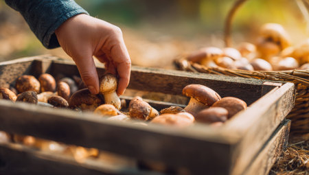 A hand selects a mushroom from a crate filled with others, alongside a wicker basket. The scene features a close-up perspective showcasing various mushrooms. The composition has natural lighting and warm tones suggesting a forest setting. Suitable for diverse commercial projects including food, nature and culinary themes.の素材