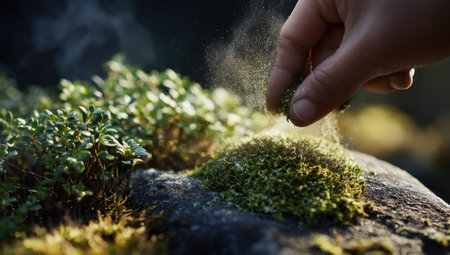 A hand gently sprinkles dust onto vibrant green mossy plants in an outdoor setting. The close-up perspective reveals detailed textures and soft, diffused lighting. This image can be used for editorial purposes, illustrating natural elements, growth, or environmental themes, creating visual appeal for various projects.の素材