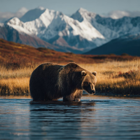 A brown grizzly bear stands in shallow water, with a mountain range providing a scenic backdrop. The image showcases natural colors, from the bear's fur to the grassy terrain and snow-capped peaks. The composition is well-lit, suitable for wildlife publications, environmental articles, or nature-themed commercial projects.の素材