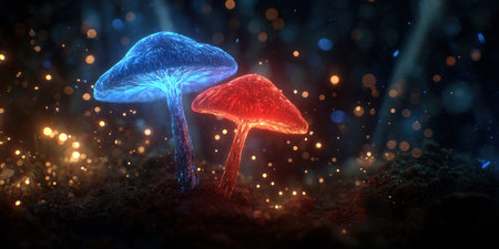 Two vibrant mushrooms glow in a dimly lit environment. One cap is bright blue, the other is a vivid red, contrasting against the dark backdrop. The composition has a soft, diffused lighting style. This image may be suitable for fantasy illustrations or designs.の素材