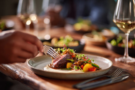 A detailed image captures a plate with a gourmet dish. The composition shows a close up of the plate with food, being eaten by a person. Soft lighting illuminates the food's colors and textures, suggesting a restaurant setting. This image is suitable for various editorial or commercial uses.の素材
