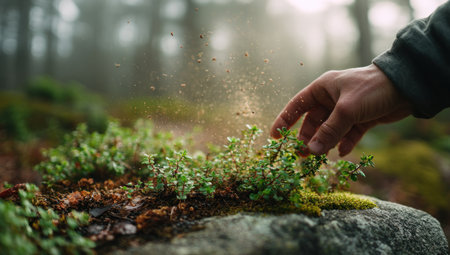 A human hand gently interacts with small green plants growing on a textured rock surface. The scene features soft lighting, with a shallow depth of field, and blurred background. Suitable for environmental, nature, or educational concepts. Could be used for illustrations or editorial content.の素材