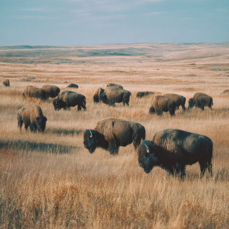 A herd of bison grazes in a vast, open field under a bright blue sky. The scene presents a natural color palette, with shades of brown and yellow from the tall grass contrasting against the dark bodies of the animals. The composition suggests a rural landscape, potentially suitable for illustrating wildlife or conservation themes.の素材