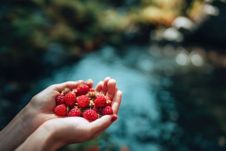 A pair of hands hold a generous portion of bright red raspberries. The fruits are the focal point, captured in natural sunlight. The shallow depth of field blurs the background, creating a soft bokeh effect. This image could be used for commercial purposes related to food, health, and wellness.の素材